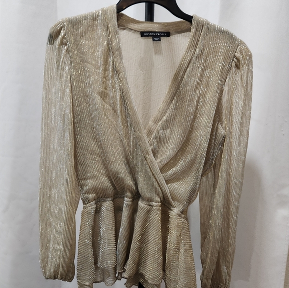 Boston Proper Gold Wrap Long Sleeve Lanter. Blouse - Picture 1 of 4